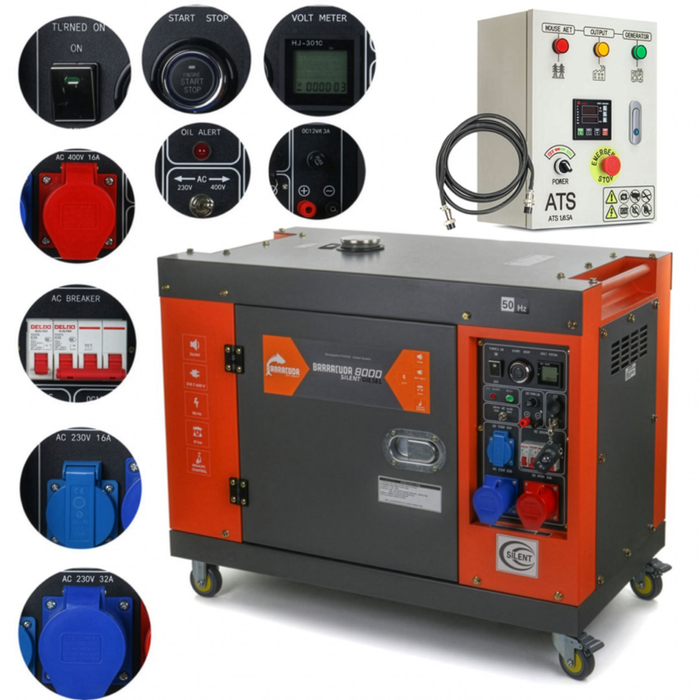 Agregat Barracuda 10kVA 400V DIESEL 8000 SILENT ze wzmocnioną fazą 230V ATS AVR 1