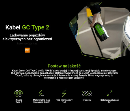 Kabel Green Cell GC EV Type 2 3.6kW 5m do ładowania samochodów elektrycznych