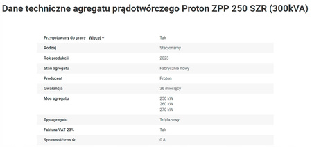 Agregat Proton Ricardo 250kW SZR 300kVA ZPP 250R SZR na przyczepie 2-osiowej