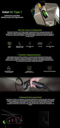 Kabel do ładowania samochodów elektrycznych EV Type 1 7.2kW 32A 7m Green Cell
