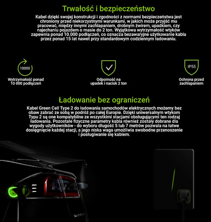 Kabel do ładowania samochodów elektrycznych EV Type 2 11kW 7m Green Cell